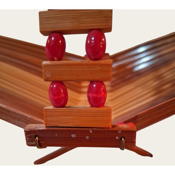 Collapsible Wooden Fruit Basket MCM Red Beads Accents Vintage Teak Wood - Picture 3 of 12
